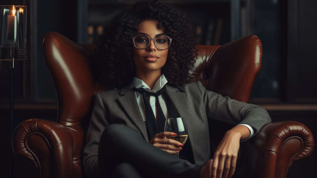 Bllack woman in a business suit standing in a confident pose. Woman's rights equality success of African-American people generative ai