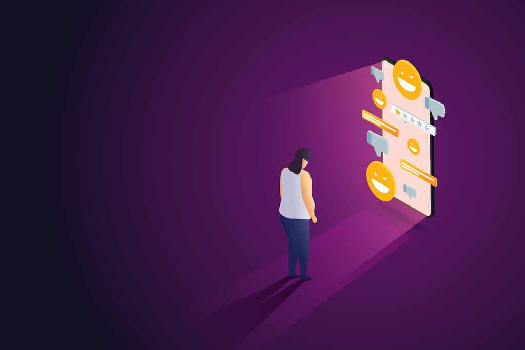 Depressed girl Mental stress from messages on social networks The concept of online bullying on smartphones Criticism of other people's bodies. Isometric vector illustration.